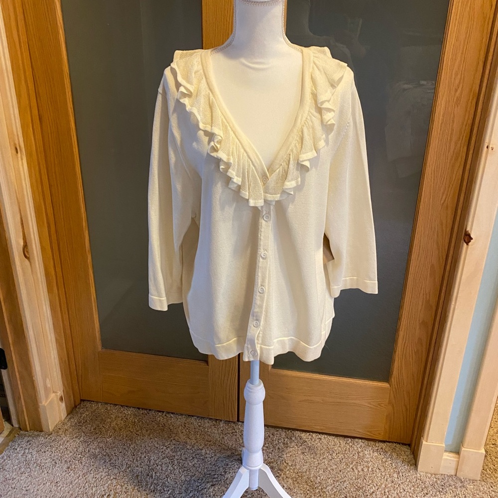 Cream ruffled button down sweater
